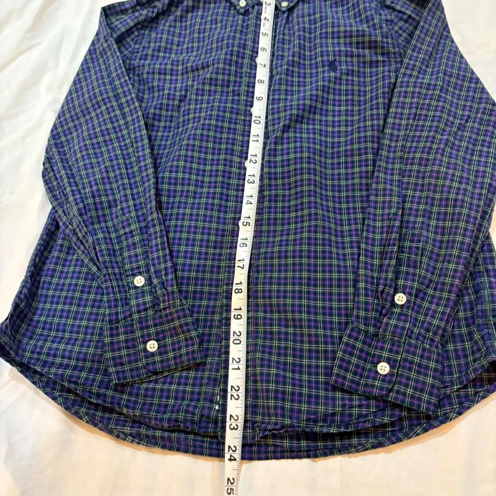 Ralph Lauren Boys Blue Green Plaid Button Down Shirt Sz L 14-16 Cotton Pony Logo